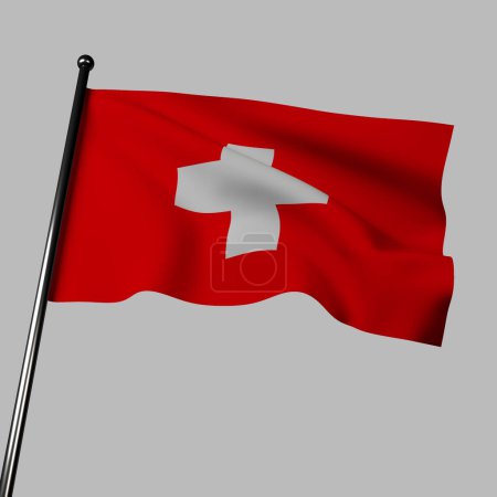 Foto de Bandera 3D de Suiza ondeando en el viento, aislada en un gris. La bandera presenta un campo rojo con una cruz griega blanca en el centro. Simboliza el coraje, la paz y la neutralidad de Suiza, mientras que la cruz representa la herencia cristiana del país. - Imagen libre de derechos