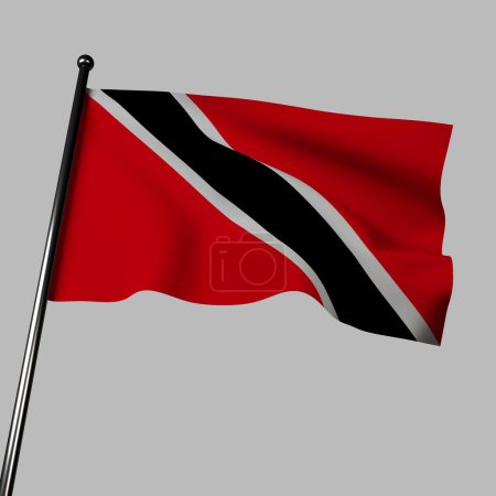 Téléchargez les photos : Drapeau de Trinité-et-Tobago agitant dans le vent, isolé sur gris. Le drapeau a des bandes horizontales de rouge, blanc et noir, avec un triangle équilatéral noir bordé de blanc sur le côté du treuil. Les couleurs représentent le feu, la pureté et la terre. - en image libre de droit