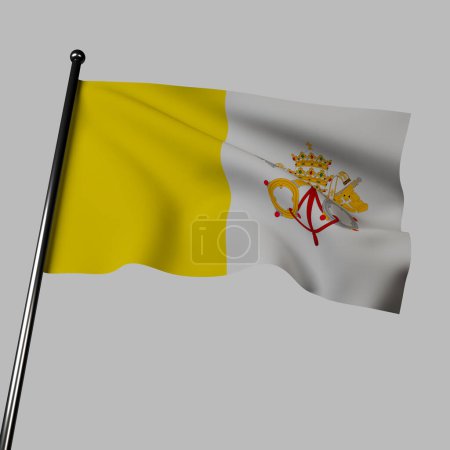 Photo for The flag of the Vatican City proudly flies in 3D against a gray background. It consists of two vertical bands of gold and white, with the Vatican coat of arms in the center. The flag symbolizes the spiritual authority and sovereignty of the Holy See. - Royalty Free Image