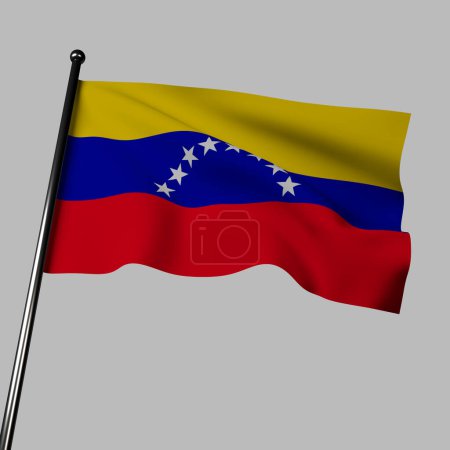 Téléchargez les photos : Le drapeau du Venezuela flotte fièrement en 3D, sur fond gris. Il comporte des bandes horizontales de jaune, bleu et rouge, avec un arc de huit étoiles blanches dans la bande bleue. Le drapeau représente l'indépendance, le courage et la beauté naturelle du Venezuela. - en image libre de droit