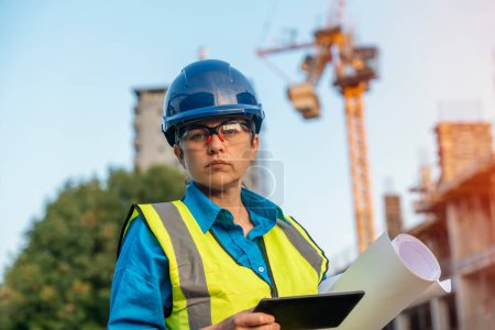 Ingeniera de obra femenina topógrafa que trabaja con el equipo de EDM de la estación total de teodolitos en un sitio de construcción al aire libre