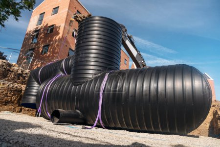 Attenuation tank made of big diameter plastic pipe delivered on construction site, offloaded and moved by an excavator into required position for assembling by builders