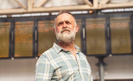 frustrated man holding a smartphone while at the train station and the train is arriving, travel concept