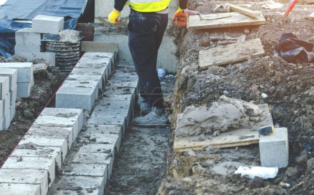 Briqueteur travaillant dur pose de blocs de béton sur le dessus de la poutre de terre fondation en béton sur le nouveau site de logement résidentiel. Lutter contre la crise du logement en construisant des maisons plus abordables concept