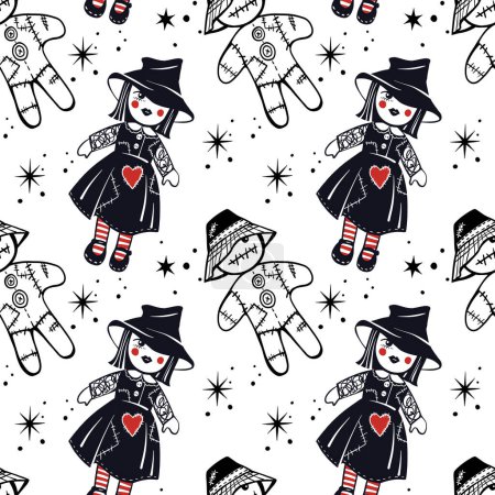 Photo for Halloween witch and woodoo dolls seamless pattern. Hand drawn sketch style. Art line. Ink drawing. Halloween night background. - Royalty Free Image