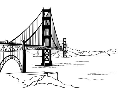Téléchargez les illustrations : Golden Gate Bridge. San Francisco, États-Unis. Esquisse tracée à la main. Dessin d'encre. Illustration vectorielle sur blanc. - en licence libre de droit
