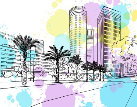 Illustration for Urban landscape. Nice view on the modern Tel Aviv, Israel. Colourful Urban sketch. Hand drawn line sketch. Vector illustration on blobs. - Royalty Free Image