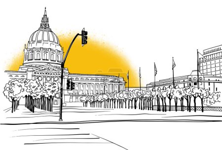 Illustration for Nice square in San Francisco. Digital illustration. Hand drawn Urban sketch. Line art. Ink drawing. Vector landscape. Without people. Postcard style. - Royalty Free Image
