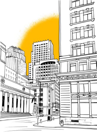 Illustration for Nice old street in San Francisco, California, USA. Urban landscape. Sketch style. Hand drawn illustration on yellow. Vector background. - Royalty Free Image