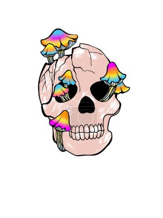 Téléchargez les illustrations : Crâne d'Halloween envahi de champignons comme élément de design. Illustration numérique réalisée à la main. Isolé sur fond blanc. - en licence libre de droit