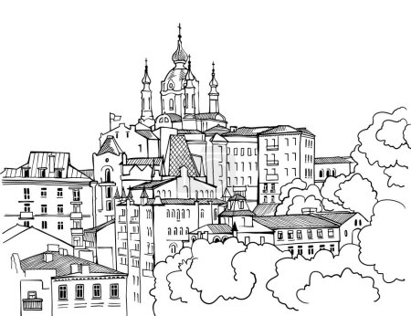 Illustration for Nice view of the old Kiev. Ukraine. Trendy urban landscape. Cityscape. Hand drawn sketch. Line art. Postcards. - Royalty Free Image