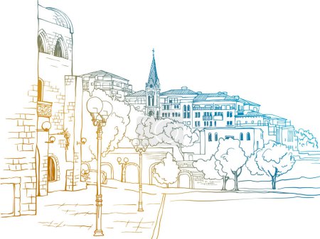 Ilustración de Bonita vista del viejo Jaffa. Tel Aviv, Israel. Paisaje urbano moderno. Paisaje urbano. Dibujo dibujado a mano. Arte de línea. Postales - Imagen libre de derechos