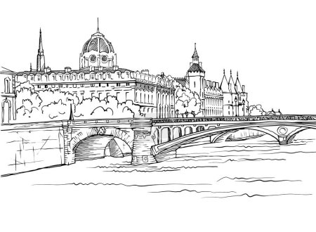 Illustration for Nice view of ancient bridge in Paris. France. Hand drawn urban sketch. Black and white urban illustration. White background. - Royalty Free Image
