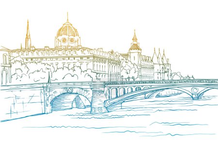 Illustration for Nice view of ancient bridge in Paris. France. Hand drawn urban sketch. Colourful  urban illustration. White background. - Royalty Free Image