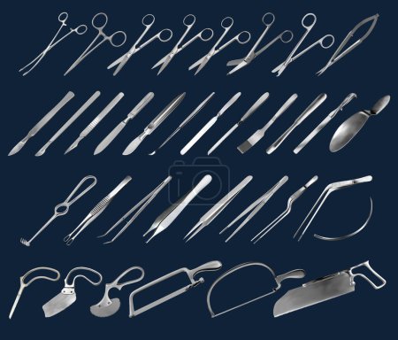 Illustration for Set of surgical instruments. Tweezers, scalpels, saws, amputation knives, microsurgical forceps and clamps, abdominal spatulas, hook, needle. Scissors of different shapes and purposes. Vector - Royalty Free Image