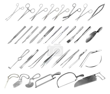 Illustration for Set of surgical instruments. Tweezers, scalpels, saws, amputation knives, microsurgical forceps and clamps, abdominal spatulas, hook, needle. Scissors of different shapes and purposes. Vector - Royalty Free Image
