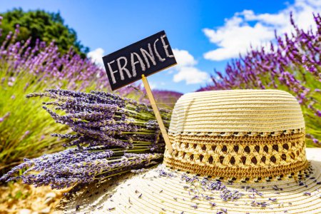 Photo for Summer hat and board with sign France against fresh lavender field. Attraction trip for french vacation in Provence. - Royalty Free Image