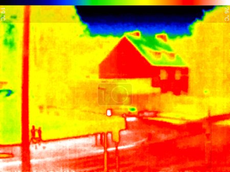 Thermal image photo ir, house buiding, color scale.