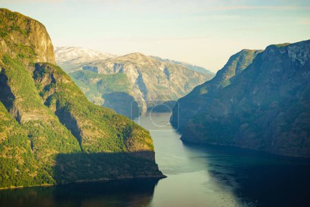 Photo for Aurlandsfjord fjord landscape, Norway Scandinavia. National tourist route Aurlandsfjellet. - Royalty Free Image