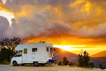 Caravan rv at sunset in mountains. Verdon Gorge in France. Adventure with camper vehicle..