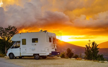 Caravan rv at sunset in mountains. Verdon Gorge in France. Adventure with camper vehicle..