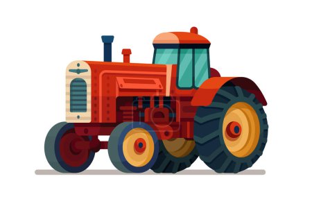 Illustration for Tractor flat illustration. Side view of modern farm tractor. Farming vehicle in cartoon style. Vector cartoon illustration on white background. - Royalty Free Image