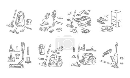 Illustration for Set of vacuum cleaners line icons vector illustrations. Nozzle Set with Suction Brushes. Different vacuum cleaners tools. - Royalty Free Image