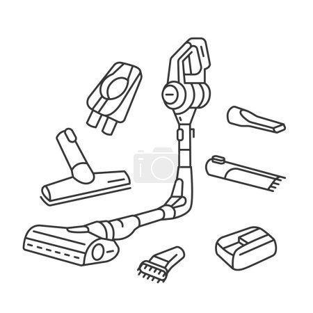 Ilustración de Stick aspiradora línea icono vector ilustración. Juego de boquillas con cepillos de succión. - Imagen libre de derechos
