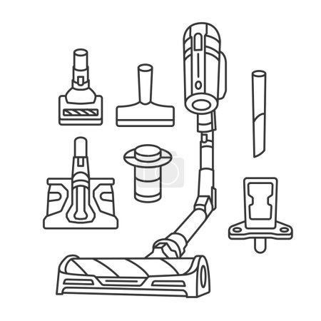 Ilustración de Stick aspiradora línea icono vector ilustración. Juego de boquillas con cepillos de succión . - Imagen libre de derechos