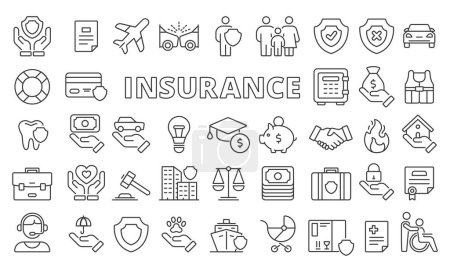 Conjunto de iconos negros de seguros en diseño de línea. vector de seguros ilustraciones planas. Auto, salud, Vida, Hogar, Viajar, Negocio, Propiedad, Citas de seguro, iconos aislados en mientras vector de fondo