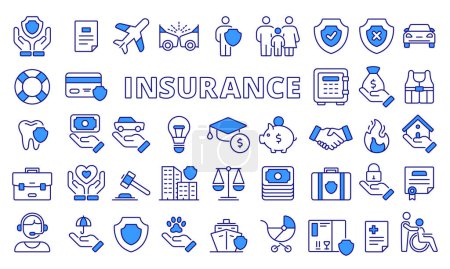 Illustration for Set of insurance blue icons in line design. insurance vector flat illustrations. Auto, health, Life, Home, Travel, Business, Property, Insurance quotes, icons isolated on while background vector. - Royalty Free Image