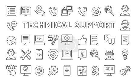 Set von Symbolen für technische Unterstützung im Liniendesign. Computerunterstützung, technische Unterstützung, IT-Helpdesk, Hardware-Reparatur. Technische Unterstützung Vektor-Illustrationen. Icons isoliert auf während Hintergrund-Vektor.