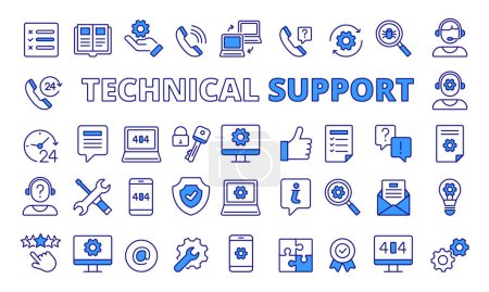 Illustration for Set of Technical support icons in line design blue. Computer support,Tech support, IT helpdesk, Hardware repair. Technical support vector illustrations. icons isolated on while background vector. - Royalty Free Image