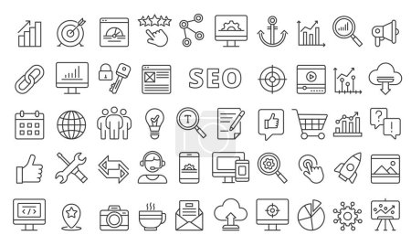 Illustration for Set of SEO icons in line design black. Search engine optimization, SEO techniques, Keyword research, On-page optimization, SEO analytics vector illustrations. icons isolated on while background. - Royalty Free Image