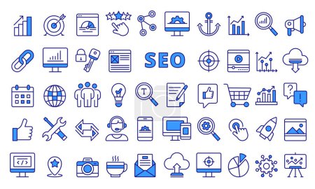 Set of SEO icons in line design blue. Search engine optimization, SEO techniques, Keyword research, On-page optimization, SEO analytics vector illustrations. icons isolated on while background.