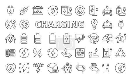 Illustration for Charging icons set in line design. Business,Teamwork, Collaboration, Leadership, Meeting, Communication, Human resources, People vector illustrations.Business icons vector editable stroke. - Royalty Free Image