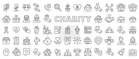 Iconos de caridad establecidos en el diseño de la línea. Donación, Voluntariado, Ayudar, Cuidado, Dar, amor, Apoyo, Filantropía, protección, Ilustraciones de organizaciones caritativas Iconos de caridad vector editable stroke