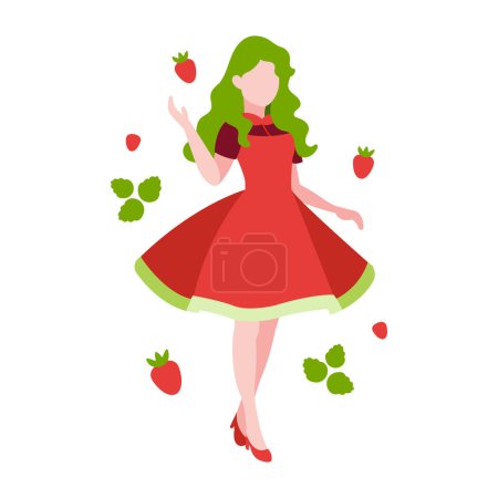 Illustration for Girl with strawberry vector flat illustration. Girl in a red dress, green hair. Colorful flat illustration. Strawberry girl illustrations. Fruit girl vector character - Royalty Free Image