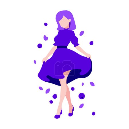 Illustration for Girl with blueberry vector flat illustration. Girl in a violet dress, purple hair. Colorful flat illustration. Blueberry girl illustrations. Fruit girl vector character - Royalty Free Image