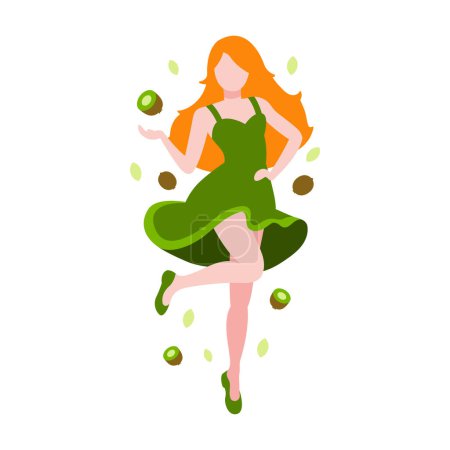 Illustration for Girl with kiwi vector flat illustration. Girl in a green dress, Orange hair, green dress, colorful flat illustration. Kiwi girl illustrations. Fruit girl vector character - Royalty Free Image