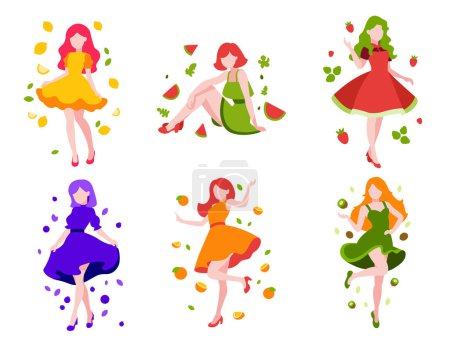 Ilustración de Chicas con frutas vector ilustración plana. Chicas en vestidos, ilustración plana de colores. Limón, sandía, fresa, arándanos, naranja, kiwi niñas ilustraciones. Fruta niñas vector caracteres - Imagen libre de derechos