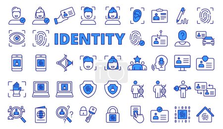 Illustration for Set of identity icons in line design blue. Identification, fingerprint, face ID, protection, biometric, validation, security, identification vector illustrations. Icons isolated on while background. - Royalty Free Image