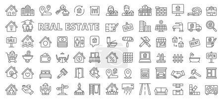 Illustration for Set of Real estate icons in line design. House, key, realtor, construction, building, location, contract, mortgage, agency, house search, house insurance icons isolated on while background vector. - Royalty Free Image