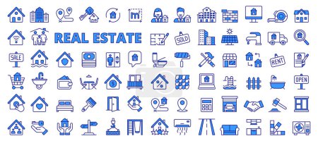 Illustration for Set of Real estate icons in line design. House, key, realtor, construction, building, location, contract, mortgage, agency, house search, house insurance icons isolated on while background vector. - Royalty Free Image