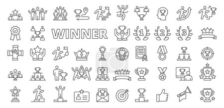 Ilustración de Conjunto de iconos ganadores en diseño de línea. Copa, ganador, primer lugar, premio, victoria, éxito, celebración, íconos de podio aislados en el vector de fondo blanco - Imagen libre de derechos