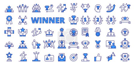 Illustration for Set of Winner icons in line design blue. Cup, winner, first place, prize, victory, success, celebration, podium icons isolated on white background vector - Royalty Free Image