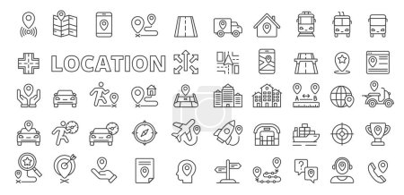 Illustration for Location icons in line design. Map, destination, place, navigation, point, GPS, distance, destination, navigation, road way transport waypoint icons isolated on white background vector - Royalty Free Image