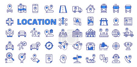 Illustration for Location icons in line design blue. Map, destination, place, navigation, point, GPS, distance, destination, navigation, road, way transport waypoint icons isolated on white background vector - Royalty Free Image