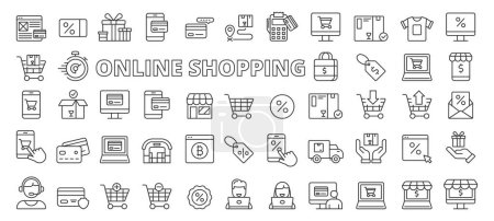 Ilustración de Iconos vectoriales de compras en línea en diseño de línea. Compras, Carrito, Bolsa, En línea, Comprar, Venta, Venta al por menor, Comercio electrónico, Pago, iconos aislados en el vector de fondo blanco - Imagen libre de derechos