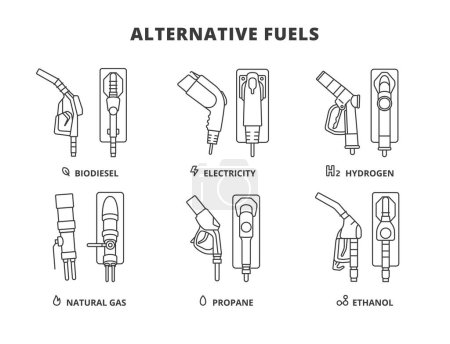 Ilustración de Combustibles alternativos iconos vectoriales en el diseño de línea. Biodiesel, Electricidad, Hidrógeno, Gas Natural, Propano, Etanol, Gasolinera, Iconos vectoriales de Pistola de Gasolina en diseño de línea azul - Imagen libre de derechos
